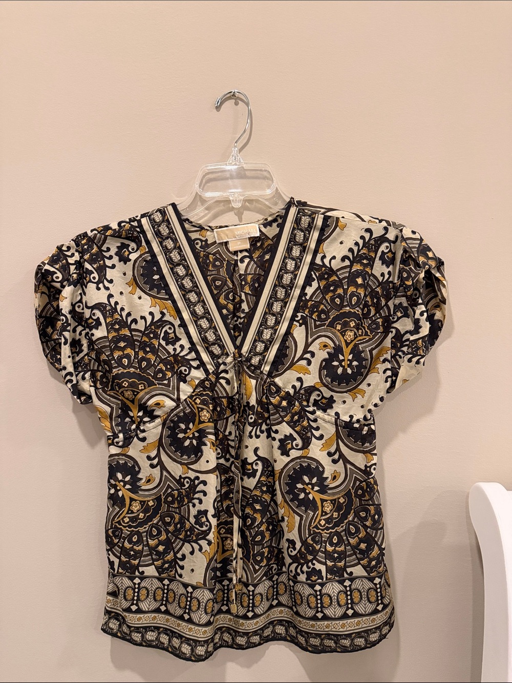 Michael Kors Black, Cream and Gold Paisley V-Neck Blouse